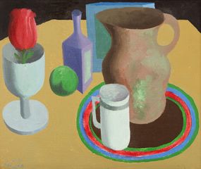 Still life with pitcher, glass and tulip