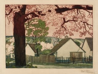 Cottages with blooming trees