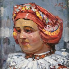 Portrait of a woman in red bonnet