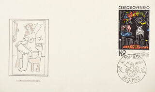 Obálka s grafikou „Toaleta“ Ľ. Fullu, známkou a pečiatkou „Ružomberok, LF, 1972“