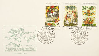 Envelope with print by Ľ. Fulla, postal stamps „Ružomberok, Slovenské rozprávky, 1968“