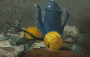 Still life with tea kettle and fruit