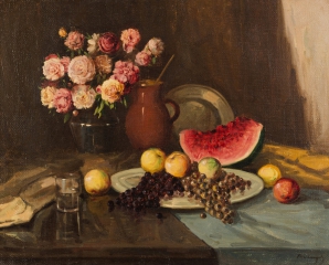 Still life with roses and fruit